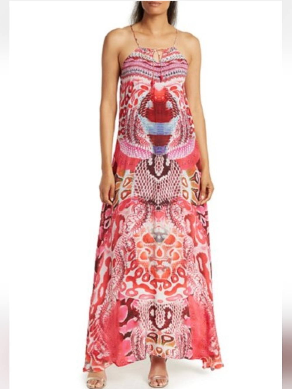 Vibrant Pink Patterned Halter Maxi Dress